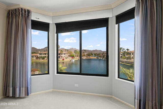 spare room with a water view, carpet, baseboards, and ornamental molding