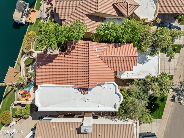 aerial view featuring a water view