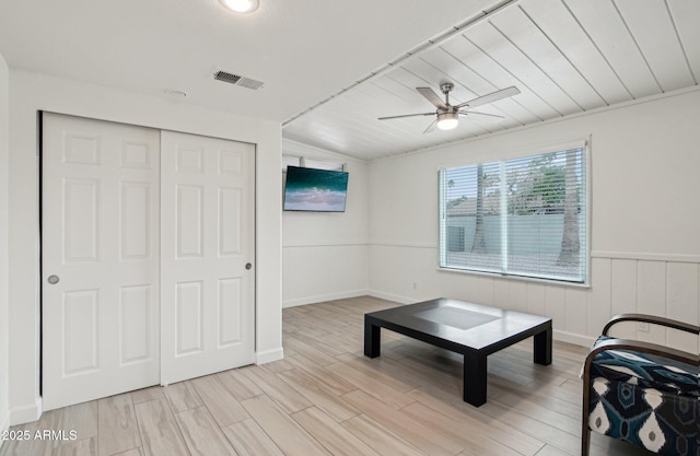 5119 E Shaw Butte Dr, Scottsdale, AZ 85254 - bedroom with a closet, light wood finished floors, wood ceiling, baseboards, and ceiling fan
