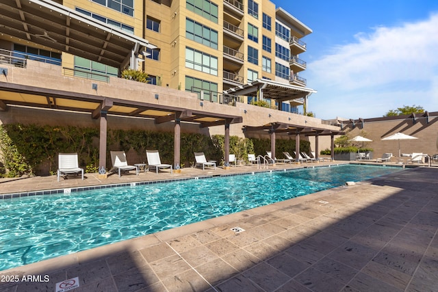 view of swimming pool with a patio area