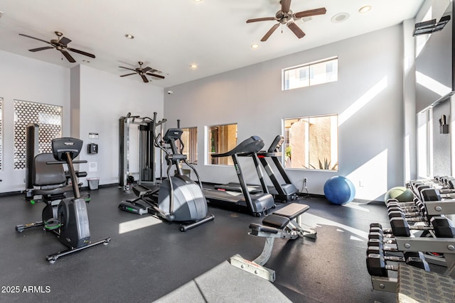 exercise room with a high ceiling