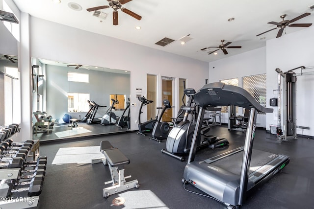 workout area featuring ceiling fan