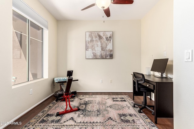 office space with ceiling fan and hardwood / wood-style floors