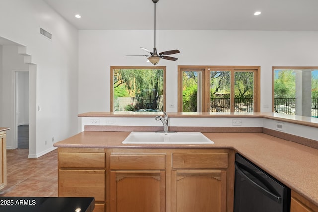 33519 N 62nd St, Cave Creek, AZ 85331 - kitchen featuring recessed lighting, visible vents, a ceiling fan, a sink, and black dishwasher
