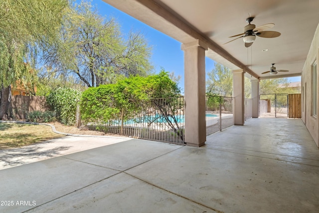 33519 N 62nd St, Cave Creek, AZ 85331 - view of patio / terrace with a fenced in pool, ceiling fan, and fence