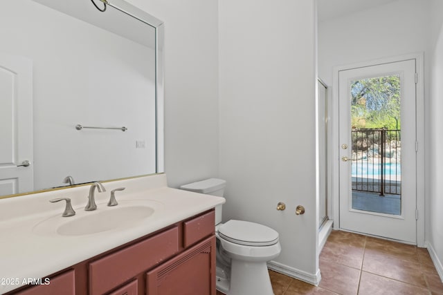 33519 N 62nd St, Cave Creek, AZ 85331 - bathroom featuring a shower with shower door, tile patterned flooring, toilet, vanity, and baseboards