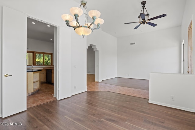 33519 N 62nd St, Cave Creek, AZ 85331 - spare room featuring recessed lighting, visible vents, dark wood-style floors, and ceiling fan with notable chandelier