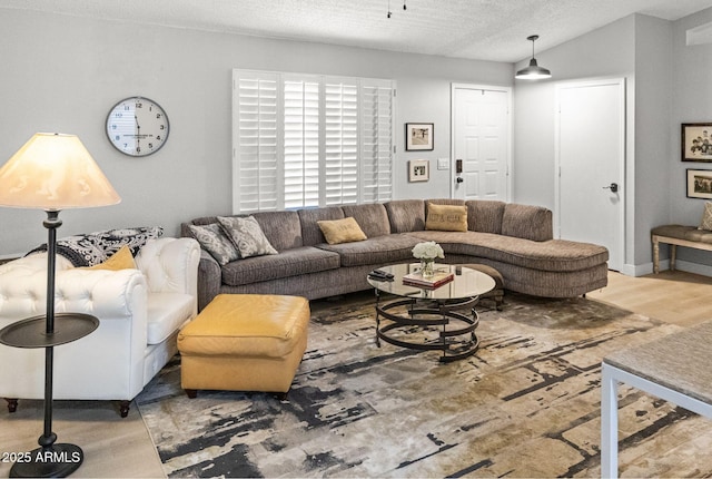 living area featuring a textured ceiling and wood finished floors