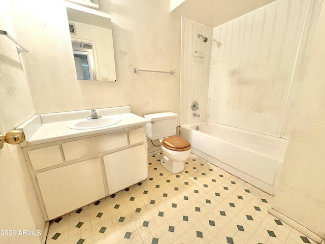 bathroom featuring visible vents, toilet, vanity, and shower / bath combination