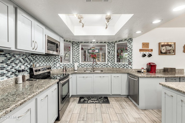 4013 E Delta Cir, Mesa, AZ 85206 - kitchen with appliances with stainless steel finishes, a tray ceiling, tasteful backsplash, light stone countertops, and a skylight