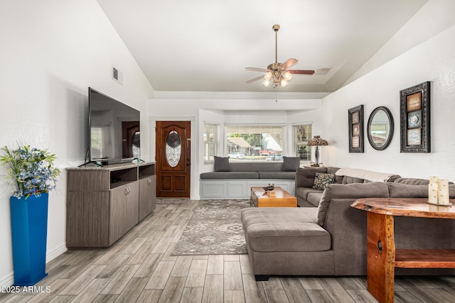 4013 E Delta Cir, Mesa, AZ 85206 - living area featuring lofted ceiling, ceiling fan, and light wood finished floors