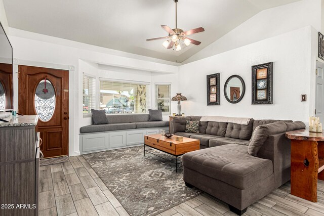 4013 E Delta Cir, Mesa, AZ 85206 - living room with lofted ceiling, ceiling fan, and wood finish floors