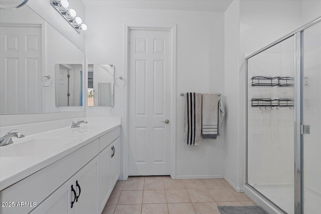 6313 N 68th Dr, Glendale, AZ 85303 - bathroom featuring tile patterned floors, a shower stall, double vanity, and baseboards
