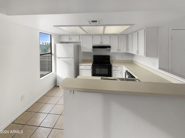 kitchen featuring white cabinets, sink, black range with electric cooktop, white fridge, and kitchen peninsula