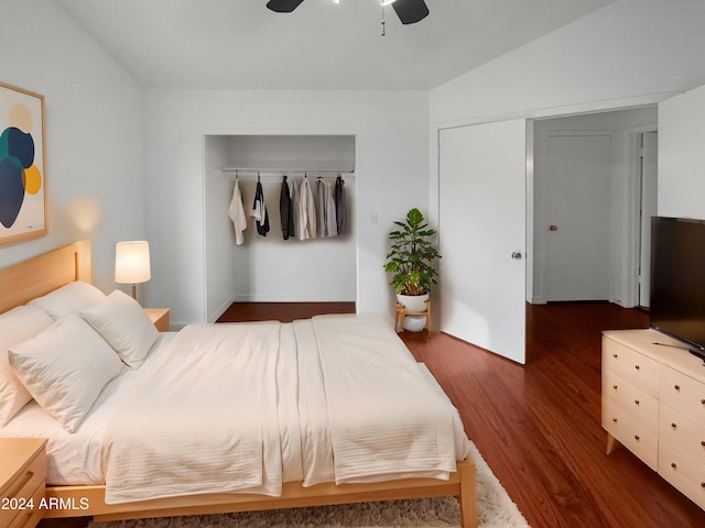 bedroom with ceiling fan, dark hardwood / wood-style flooring, and a closet