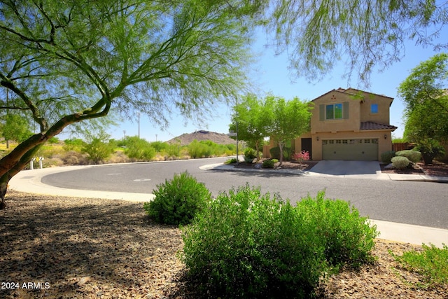 view of yard with a mountain view and a garage