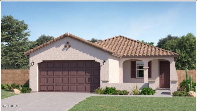 mediterranean / spanish home featuring an attached garage, fence, a tile roof, stucco siding, and driveway