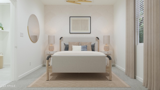 bedroom with baseboards, light colored carpet, and wallpapered walls