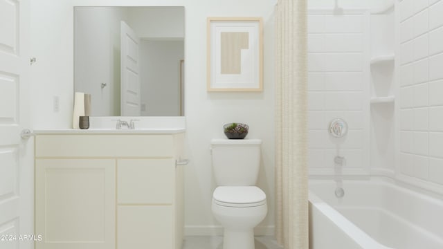 full bathroom with vanity, shower / bath combination with curtain, and toilet