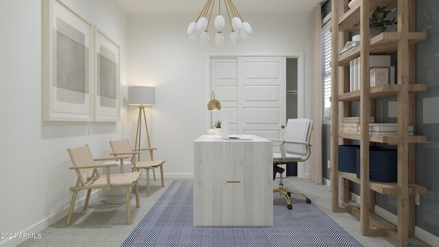 office area with carpet flooring, baseboards, and a chandelier