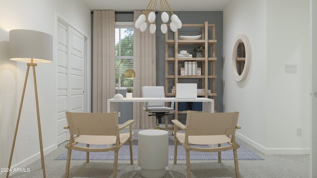 carpeted dining area with an inviting chandelier and baseboards