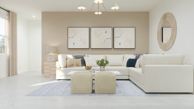 living area with tile patterned floors, recessed lighting, and baseboards