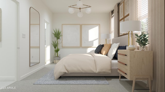 bedroom featuring light carpet and baseboards