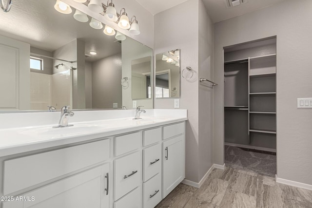 bathroom with vanity and a shower