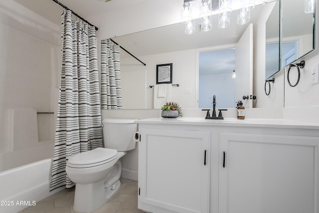 full bathroom with tile patterned floors, vanity, shower / tub combo, and toilet