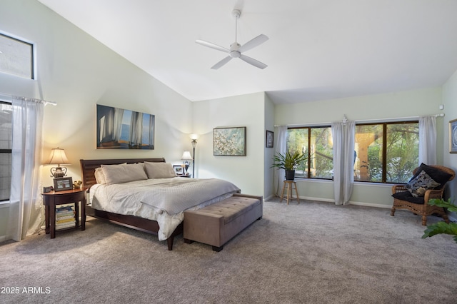 bedroom featuring ceiling fan, carpet flooring, and high vaulted ceiling