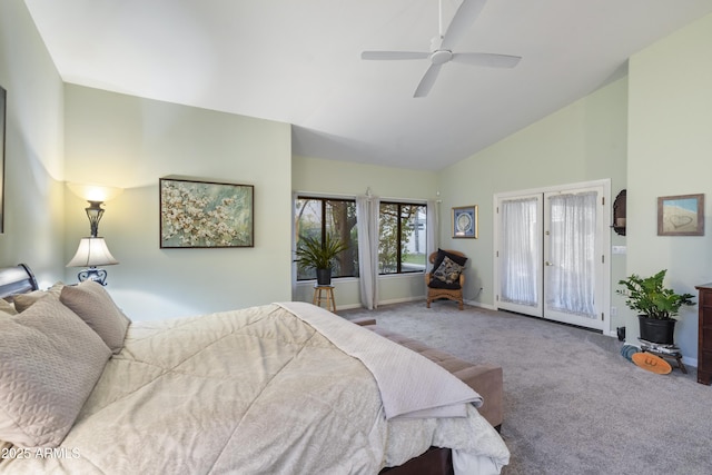 bedroom with ceiling fan, light colored carpet, high vaulted ceiling, and access to outside