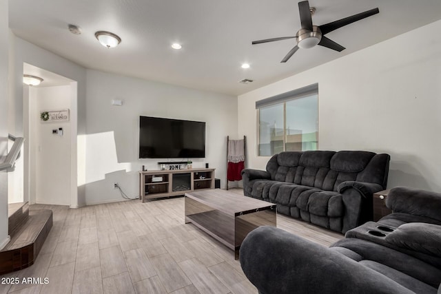 1647 W Gold Mine Way, San Tan Valley, AZ 85144 - living room featuring ceiling fan, light wood-style flooring, and recessed lighting