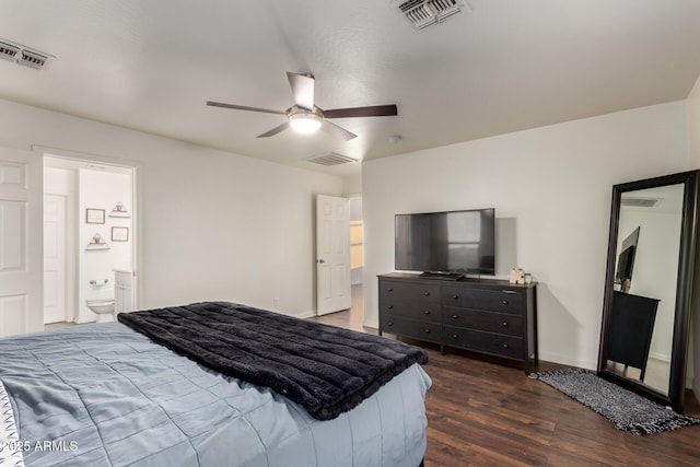 1647 W Gold Mine Way, San Tan Valley, AZ 85144 - bedroom with wood finished floors, a ceiling fan, baseboards, and connected bathroom