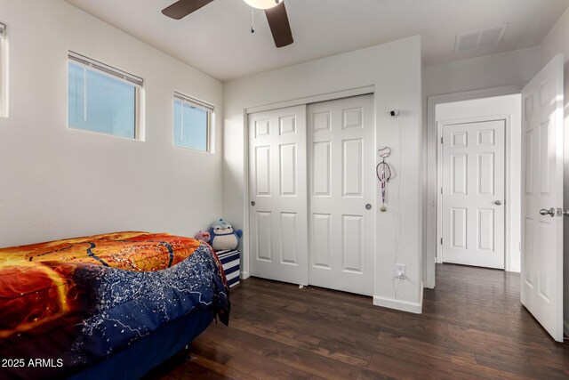 1647 W Gold Mine Way, San Tan Valley, AZ 85144 - bedroom with dark wood finished floors, a closet, and ceiling fan