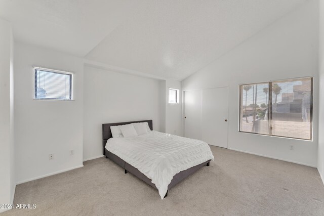 carpeted bedroom featuring multiple windows and high vaulted ceiling