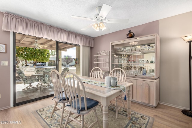 dining space with ceiling fan, light hardwood / wood-style flooring, and a textured ceiling