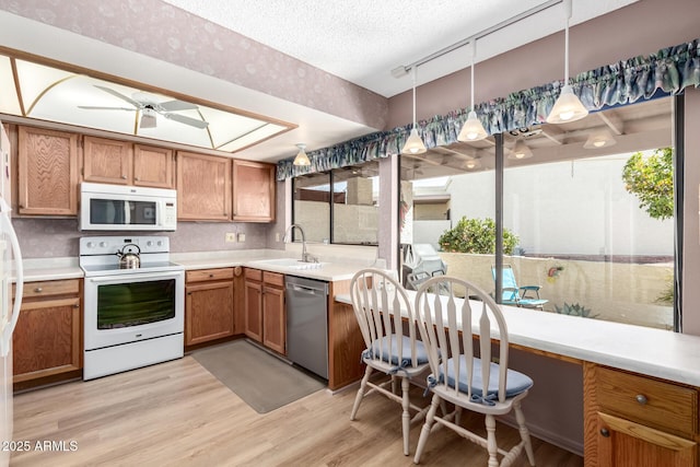 kitchen featuring pendant lighting, sink, white appliances, light hardwood / wood-style flooring, and ceiling fan