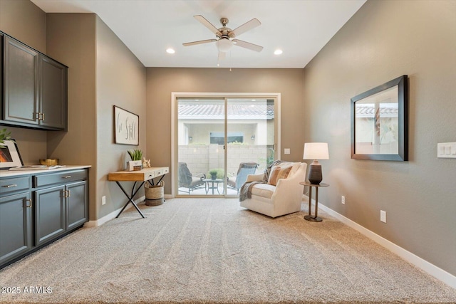 sitting room featuring recessed lighting, a ceiling fan, baseboards, and carpet floors