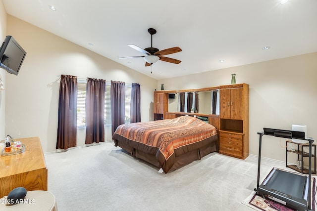 bedroom with carpet flooring, recessed lighting, a ceiling fan, and lofted ceiling