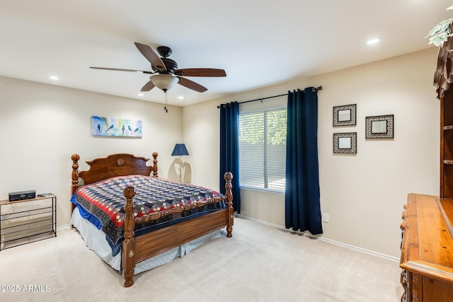 bedroom with recessed lighting, baseboards, and carpet