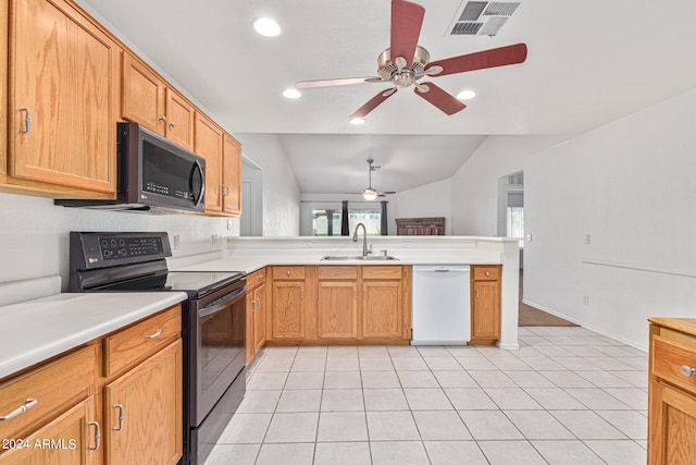 kitchen with vaulted ceiling, white dishwasher, kitchen peninsula, ceiling fan, and black range with electric cooktop