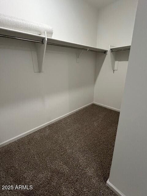 walk in closet featuring dark carpet