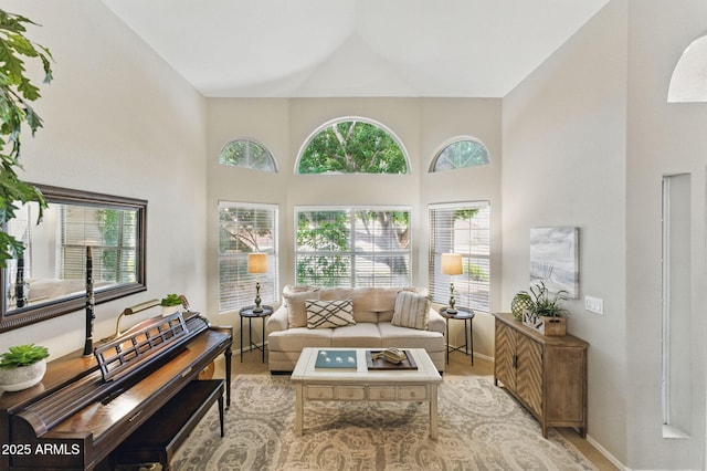 living area featuring baseboards, a high ceiling, and a wealth of natural light