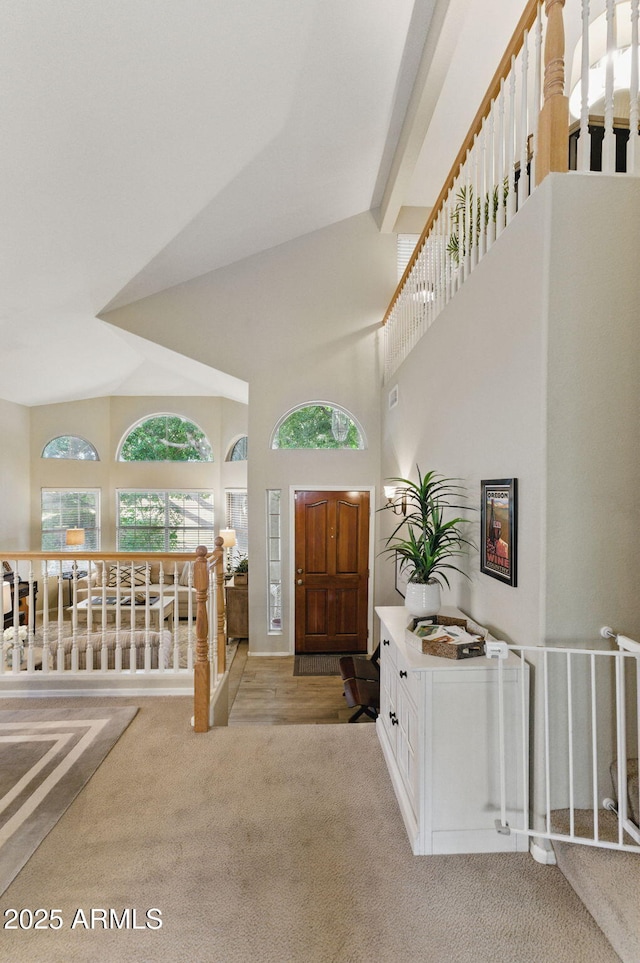 foyer with a towering ceiling and light carpet