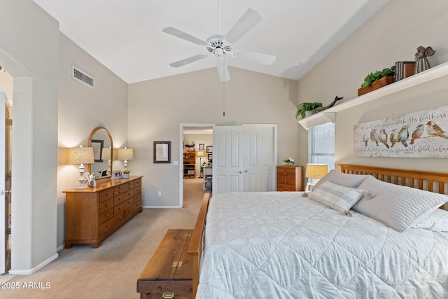 bedroom with light carpet, high vaulted ceiling, a ceiling fan, baseboards, and visible vents