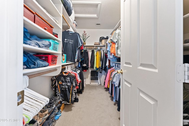 walk in closet featuring carpet flooring, visible vents, and attic access