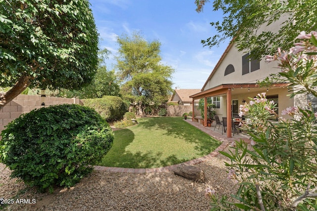 view of yard with a fenced backyard and a patio area