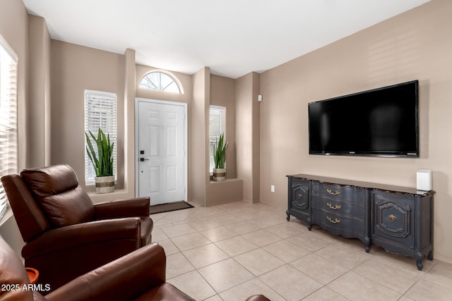 living room featuring light tile patterned floors