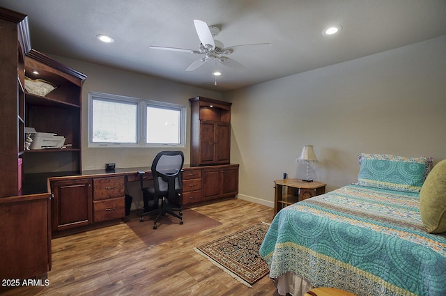 bedroom with recessed lighting, baseboards, ceiling fan, and light wood finished floors