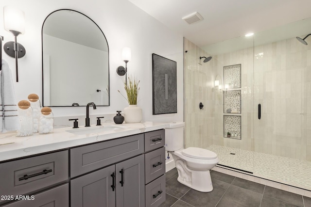 bathroom with tile patterned floors, visible vents, toilet, and a shower stall